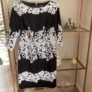 Adrianna Papel black and white Sheath Dress with Bateau Neckline